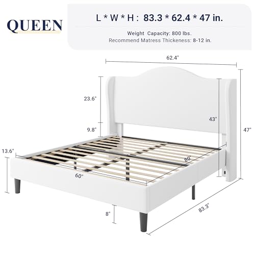 White Plush Velvet Wingback Queen Bed Frame, view 3