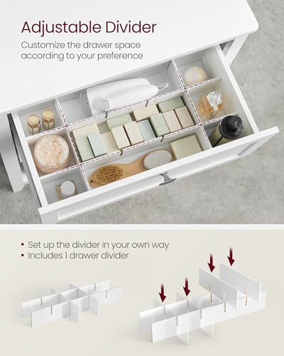 VASAGLE Storage Cabinet, Freestanding Floor Cabinet, 2 Drawers with 1 Set of Adjustable Divider, 2 Baskets, Sideboard, 11.8 x 23.6 x 31.5 Inches, for Bathroom, Living Room, Cloud White UBBC545W02