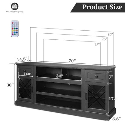 70 Inch Farmhouse TV Stand Table for 75 80 inch TV, Modern Entertainment Center with LED Lights and 2 Drawers, Wooden TV Stands for Living Room (Black)