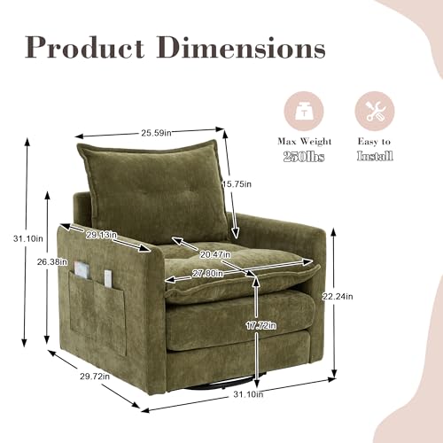 360° Swivel Accent Chair, Chenille Swivel Armchair for Living Room, Mid Century Modern Comfy Thick Padded Arm Chairs, Green
