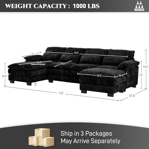 113" U Shaped Sectional Black Couch with Ottoman, Cloud Chenille Sofa | Oversized Deep seat modular U shaped sofa with plush cushions, perfect for family rooms, living rooms and movie nights