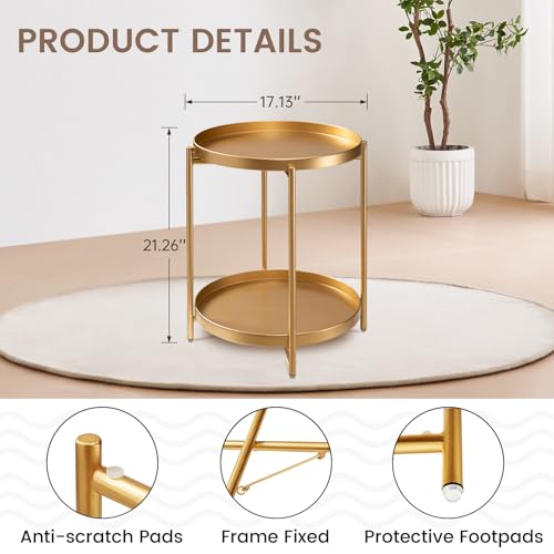 2-Tier End Table, Outdoor Side Table Metal Round Side Table with Removable Tray, Small Folding Accent Table, Anti-Rust Nightstand for Bedroom Balcony Patio Living Room (Gold)