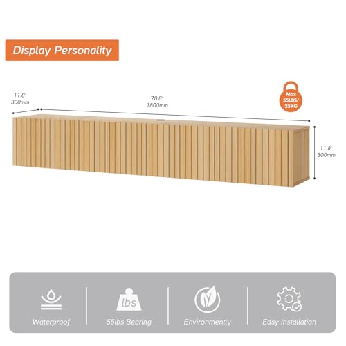 70" Modern Fluted Floating TV Stand, Oak, view 3