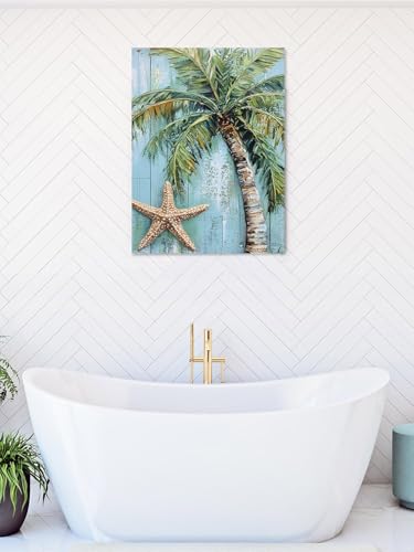 NuYeBiofx Summer Coconut Tree Starfish Canvas Wall Art Prints,40"x28" Framed Picture Artwork Seaside Plant Blue Wood Plank Printed Canvas Oil Painting for Living Room Bedroom Office,Ready to Hang