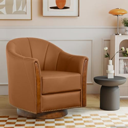360° Swivel Accent Chair, Leather Swivel Barrel Chairs with Nailhead Trim & Wood Base, Round Armchair Club Chair, Modern Reading Chairs for Living Room (BX01, Wood Brown)