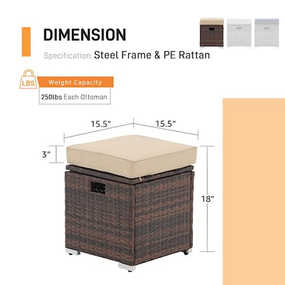 2 Piece Outdoor Patio Ottomans, All-Weather Brown PE Rattan Wicker Ottoman with Storage, Outdoor Footrest Footstool Seat w/Thick Cushion, Built-in Handle for Backyard Poolside Porch (Beige)
