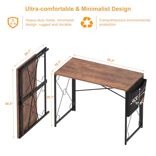 39 Inch Folding Desk Simple Assembly Desk, Writing Computer Desk for Home Office Study Office Desk Foldable Table for Small Spaces, Brown
