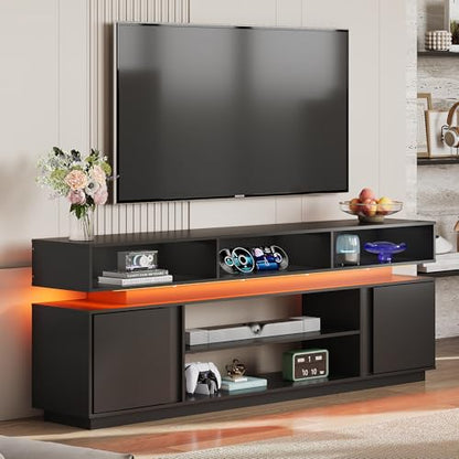 Modern TV Stand for 75 Inch TV, 2 Tier Entertainment Center with RGB LED Lights & Storage Cabinets, Media TV Console Gaming Television Stands for Living Room, Bedroom, Black