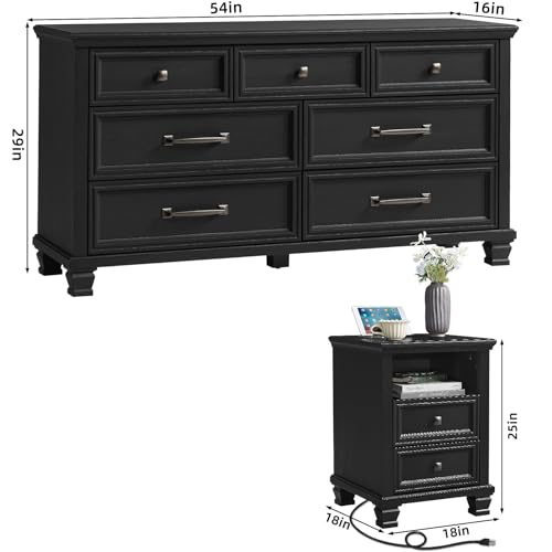 Farmhouse Dresser and Nightstand Sets 2 Piece, 7 Drawer Dresser & 2 Drawer Nightstand Set, Rustic Wood Bedroom Furniture Set for Home, Bedroom, Hallway, Black