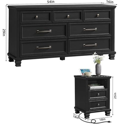 Farmhouse Dresser and Nightstand Sets 2 Piece, 7 Drawer Dresser & 2 Drawer Nightstand Set, Rustic Wood Bedroom Furniture Set for Home, Bedroom, Hallway, Black