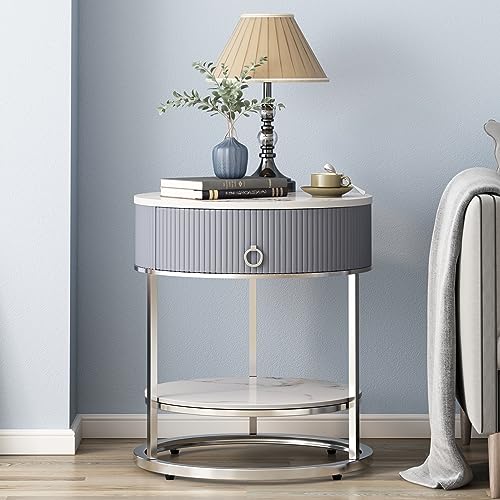 End Table with Sintered Stone Tabletop, Side Table with Drawer, Silver | 2 Tier Nightstand with Shelf, Round Table, Storage, Shelf, Chrome Legs, Marbling Natural Stone, Living Room, Bedroom, Office