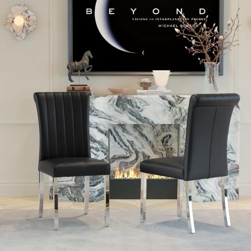 Black and Silver Dining Chairs Set of 2,Leather Upholstered Chairs