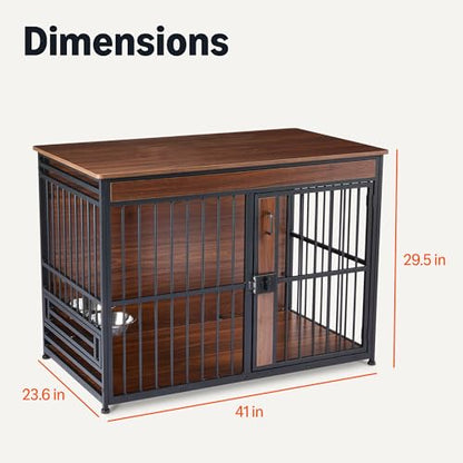 Furniture Style Dog Crate, Sturdy Wooden Pet Kennel, Two Bowls Included, 41" x 23.6" x 29.5", Walnut