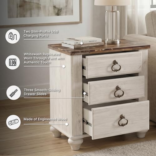 Signature Design by Ashley Willowton Farmhouse 2 Drawer Nightstand with USB Charging Ports, 25.67" Tall, Whitewash