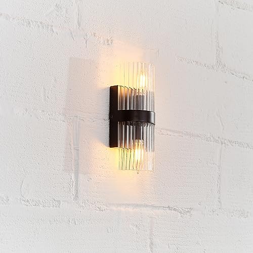 65000050 2-Light Wall Sconce, Matte Black, Ribbed Glass Shade, E12 Base Sockets, Lights for Living Room, Home Decor, Lighting, Mounted Bedside Lamp