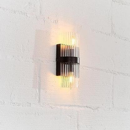 65000050 2-Light Wall Sconce, Matte Black, Ribbed Glass Shade, E12 Base Sockets, Lights for Living Room, Home Decor, Lighting, Mounted Bedside Lamp