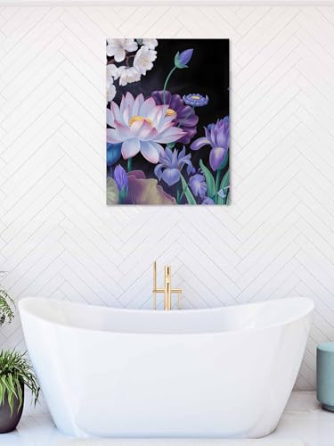NuYeBiofx Blue Purple Colorful Lotus Canvas Wall Art Prints,48"x32" Framed Picture Artwork Watercolor Flower Leaves Plant Printed Canvas Oil Painting for Living Room Bedroom Office,Ready to Hang