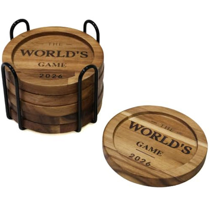 Acacia Wood Coasters Set of 6 with Metal Holder, Laser Engraved The World's Game 2026 Design, Absorbent Wooden Drink Coasters, 3.9" Round, Housewarming Gift