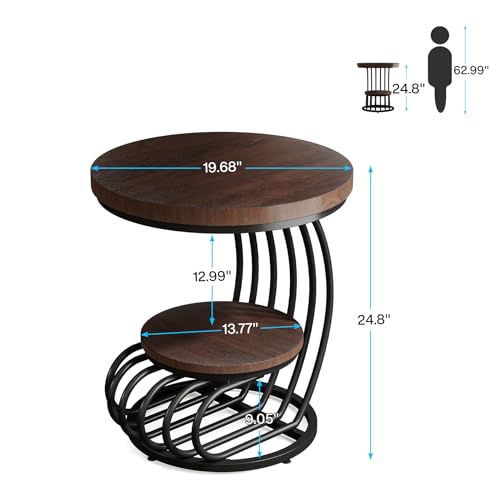Tribesigns Round End Side Table: Side Table with 2 Tiers Storage Shelves, Vintage End Table for Living Room, Small Bedside Table Accent Table with Arc-Shaped Frame, Rustic Brown