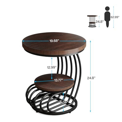 Tribesigns Round End Side Table: Side Table with 2 Tiers Storage Shelves, Vintage End Table for Living Room, Small Bedside Table Accent Table with Arc-Shaped Frame, Rustic Brown