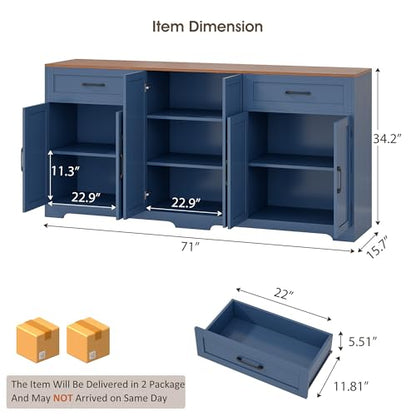 71" Farmhouse Sideboard Buffet Cabinet with Storage, Blue, view 3