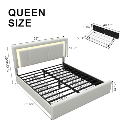 Queen Size Bed Frame with 4 Storage Drawers, LED Light, White Upholstered, view 3