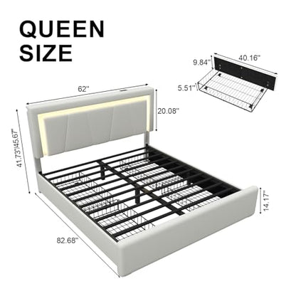 Queen Size Bed Frame with 4 Storage Drawers, LED Light, White Upholstered, view 3