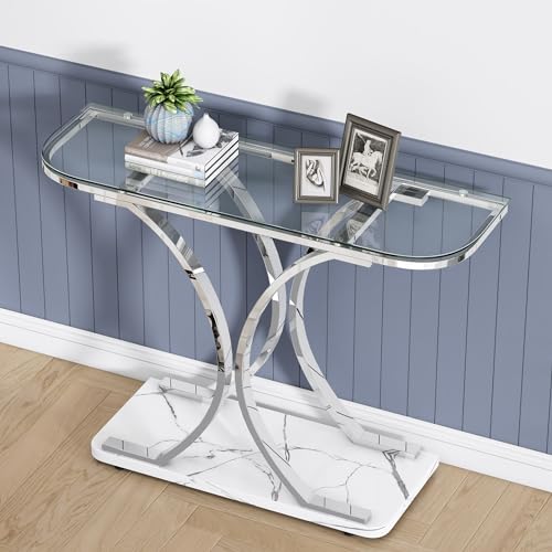 Silver Glass Console Tables for Entryway,Glass Entryway Table with Curved Frames and Marble Base, Modern Entrance Table Sofa Table for Living Room,Hallway,Silver Glass&White Marble