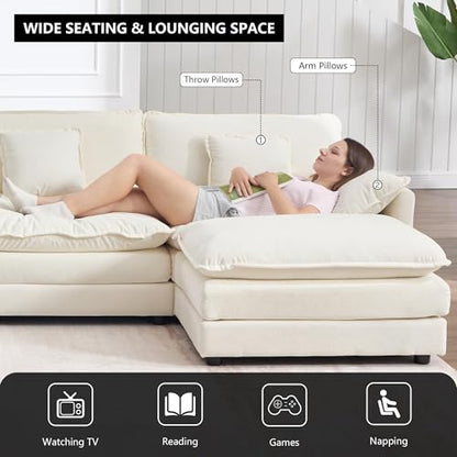 76.7" Beige White Cloud Modular Sectional Sofa for Small Spaces, Deep Seat 2 Seater L Shaped Couch, Comfy Chenille Loveseat with Ottoman Chaise for Living Room Apartment