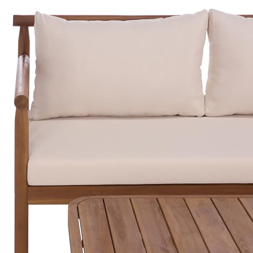 SAFAVIEH Outdoor Patio Furniture Collection - Cardori Teak & Cream Solid Wood Bench with Cushions and Coffee Table Set, 2-Piece Patio Seating Ensemble (PAT6808A)