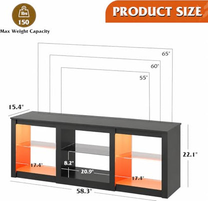 Modern LED TV Stand for 65 70 Inch TV, 58" Entertainment Center with Adjustable Glass Shelves & RGB Lights, Wood Media Console Table for Living Room, Bedroom, Gaming Room, Black
