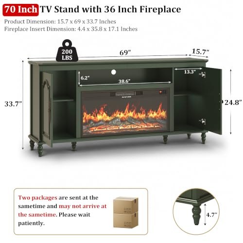 Modern Farmhouse Fireplace TV Stand for 80" TV, 70" Media Console, Green, view 3