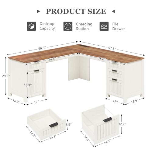 59" Farmhouse L Shaped Desk with Drawers & Storage Cabinet for Home Office, view 3