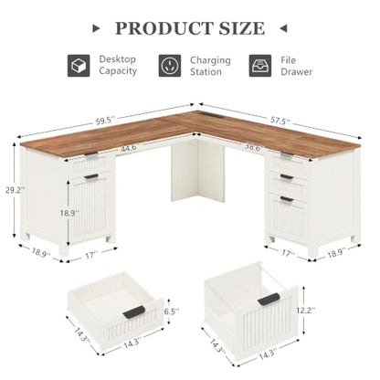 59" Farmhouse L Shaped Desk with Drawers & Storage Cabinet for Home Office, view 3