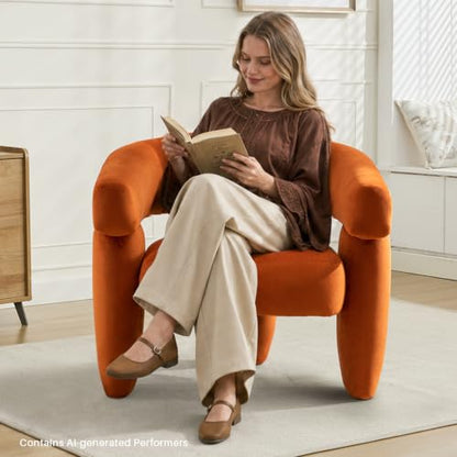 Mid Century Modern Accent Barrel Chair Comfy Upholstered Round Armchair with Montage Design, Velvet Boucle Lounge Chair for Living Room Bedroom Apartment, Orange