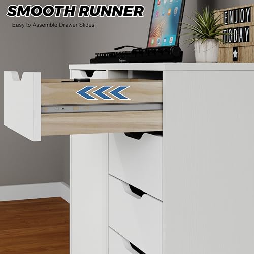 5-Drawer Chest with 1 Door, Wooden Chest of Drawers Storage Dresser Cabinet with Wheels, Office Organization and Storage, Bedroom Furniture (White-S)