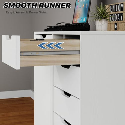 5-Drawer Chest with 1 Door, Wooden Chest of Drawers Storage Dresser Cabinet with Wheels, Office Organization and Storage, Bedroom Furniture (White-S)