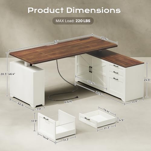 63'' Farmhouse L Shaped Standing Desk with Outlets and Drawers, view 4