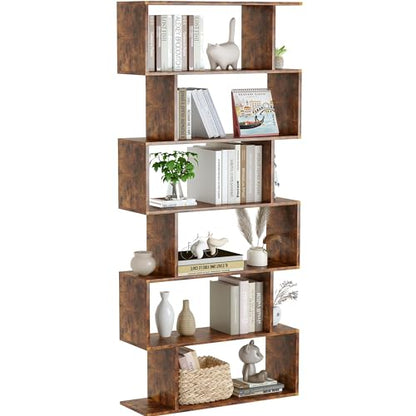 Geometric Bookcase, Bookshelf 6-Tier S Shaped Book Shelves for Bedroom, Modern Wood Decorative Display Shelf Tall Book Case for Home Office, Rustic Brown