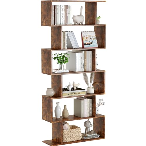 Geometric Bookcase, Bookshelf 6-Tier S Shaped Book Shelves for Bedroom, Modern Wood Decorative Display Shelf Tall Book Case for Home Office, Rustic Brown
