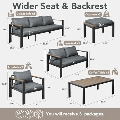 Patio Furniture Set 9 Seats and Coffee Table, 7 Pieces Patio Conversation Set with Thick Cushion, Ottomans, Deluxe Aluminum Modern Outside Sectional for Porch, Balcony, Deck, Yard, Light Gray