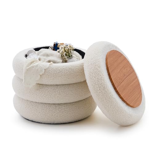 Round Storage Ottoman, Modern Sherpa Footstool, Teddy Vanity Stool with Flip-Top Tray, Makeup Chair for Home Decor, Upholstered Footrest for Living Room & Bedroom (White)