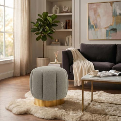 SAFAVIEH Couture Collection Maxine Light Grey Boucle/Gold Channel Tufted Ottoman (Fully Assembled)