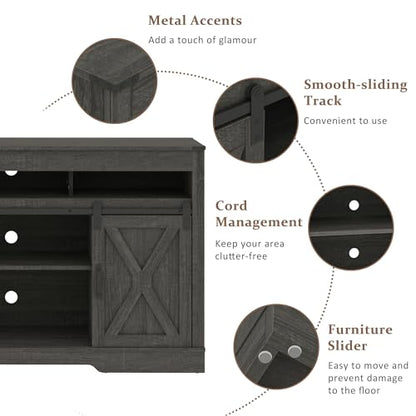 Farmhouse TV Stand for 65+ Inch TV, 34'' Tall Entertainment Center with Sliding Barn Doors, Rustic Wood Media Console Storage Cabinet Television Stand for Living Room, Bedroom (Dark Grey)