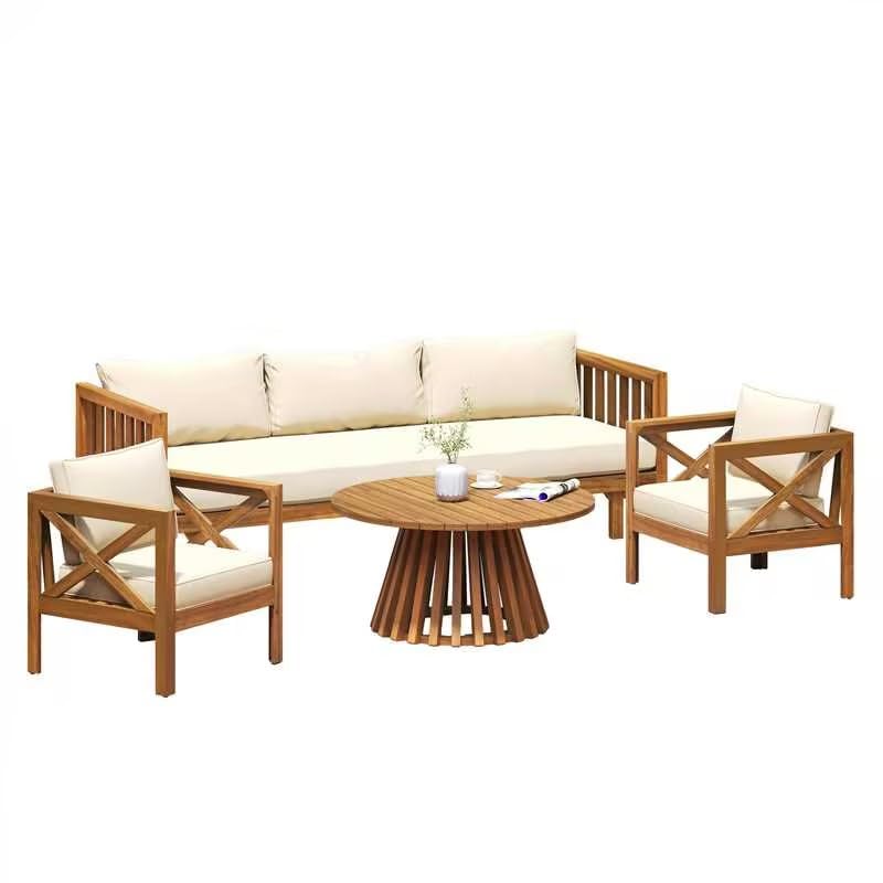 Outdoor 4-Piece Acacia Wood Conversation Set - Patio 3-Seat Loveseat Sofa Daybed with Cushion, 2 Armchair and Round Coffee Table for Backyard, Lawn, Balcony, Teak + Beige