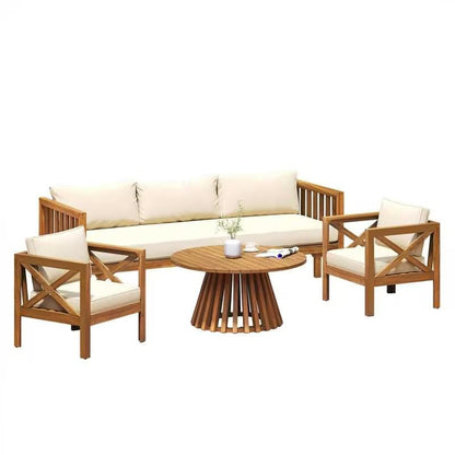 Outdoor 4-Piece Acacia Wood Conversation Set - Patio 3-Seat Loveseat Sofa Daybed with Cushion, 2 Armchair and Round Coffee Table for Backyard, Lawn, Balcony, Teak + Beige