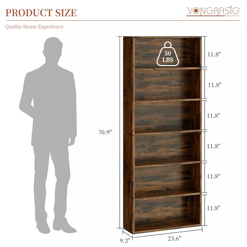 6-Tier Open Bookcase and Bookshelf, Floor Standing Wood Display Storage Shelves 71 Inch Tall Bookcase Home Decor Furniture for Home Office, Living Room, Bed Room, Rustic Brown, 2 Pieces
