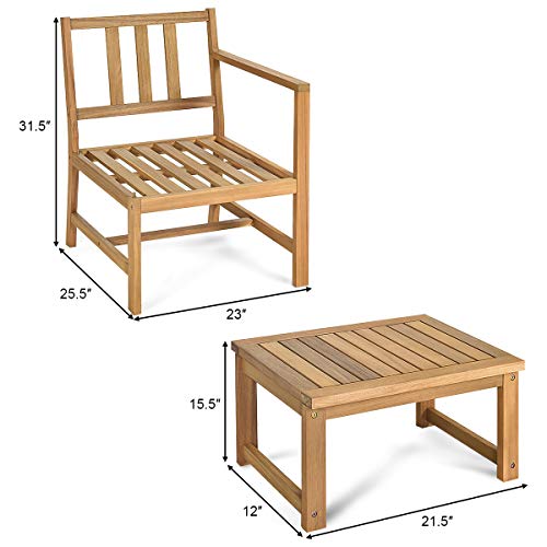 3 in 1 Acacia Wood Loveseat with Separable Coffee Table, 3-Piece Wooden Chairs Set with Cushions, 2-Seater Outdoor Furniture Set for Garden Backyard Balcony Patio Poolside (Natural Teak)