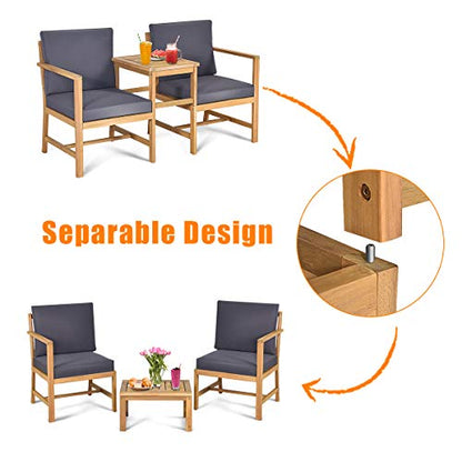 3 in 1 Acacia Wood Loveseat with Separable Coffee Table, 3-Piece Wooden Chairs Set with Cushions, 2-Seater Outdoor Furniture Set for Garden Backyard Balcony Patio Poolside (Natural Teak)