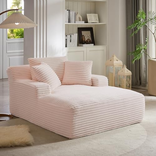 50" W Oversized Chaise Lounge Chair Indoor, Upholstered Corduroy Sofa Bed with Arm & 3 Pillows, Deep Seat Boneless Cloud Couch, Reading Chairs for Living Room,No Assembly Required, Pink